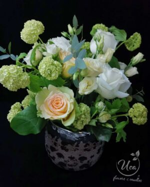 Aranjament floral Uca160– vas ceramic Polnix Moon Luxury  (D18H16cm,) – trandafiri, viburnum, eustoma mix green