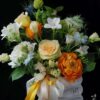 Aranjament floral Uca160– vas ceramic Barcelona Special  (D17H15cm, white) - ranunculus, nigela, viburnum, trandafiri, fresia, eustoma, mix green