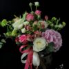 Aranjament floral Uca200– vas ceramic Polnix Moon Luxury (D18H16cm,) – trandafiri, viburnum, eustoma, alstroemeria, hydrangea, eucalipt, mix green